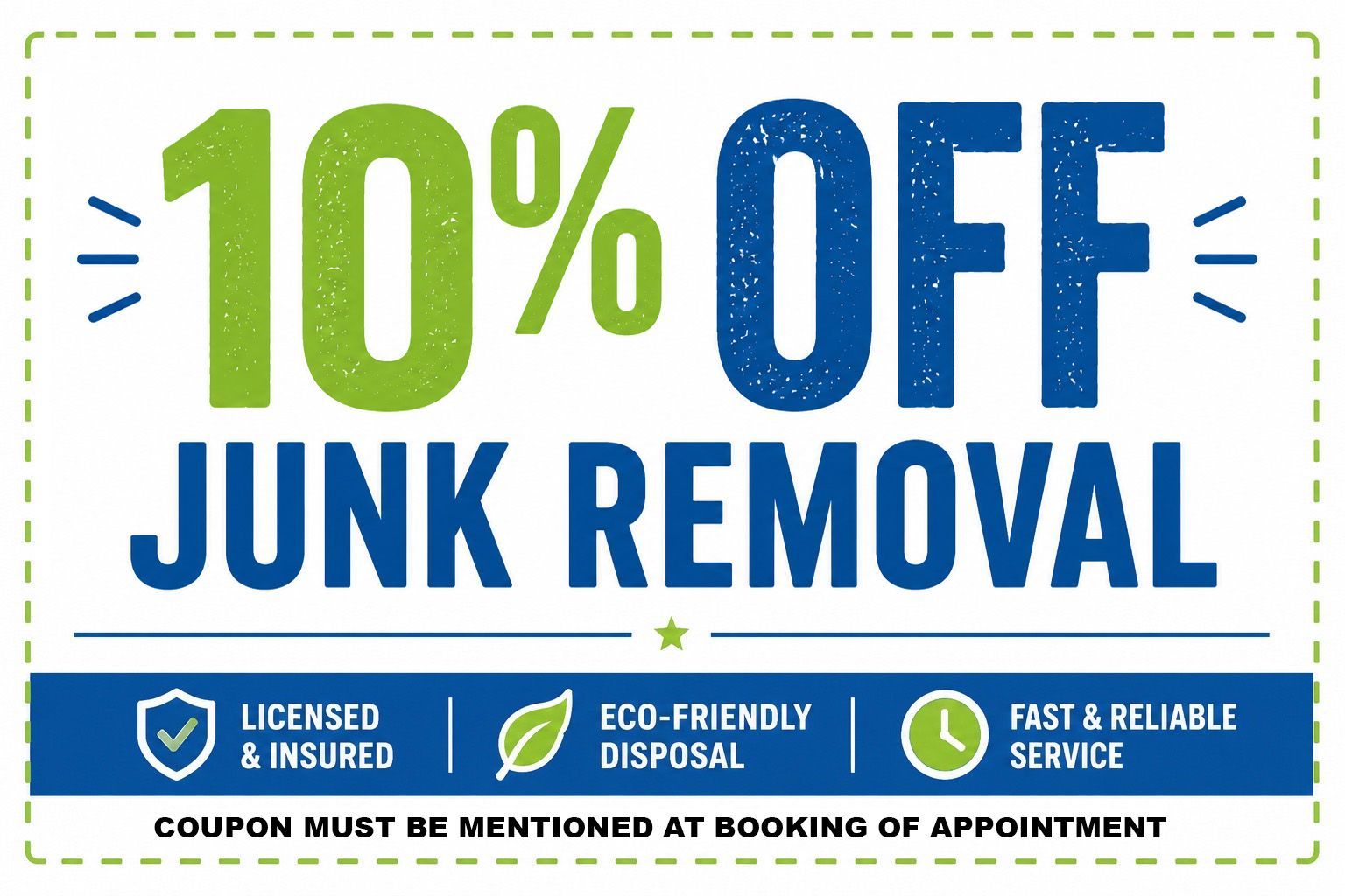 10% off junk removal coupon in green and blue with licensed, eco-friendly, and fast service badges