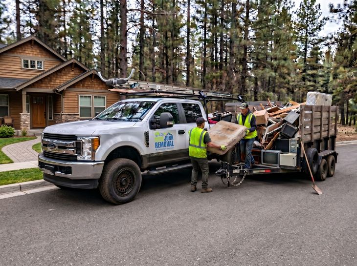 Worker loading debris into a truck and trailer on a residential street outside a log cabin.