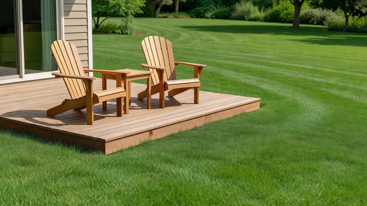 Two wooden Adirondack chairs on a small patio beside a house, overlooking a green lawn