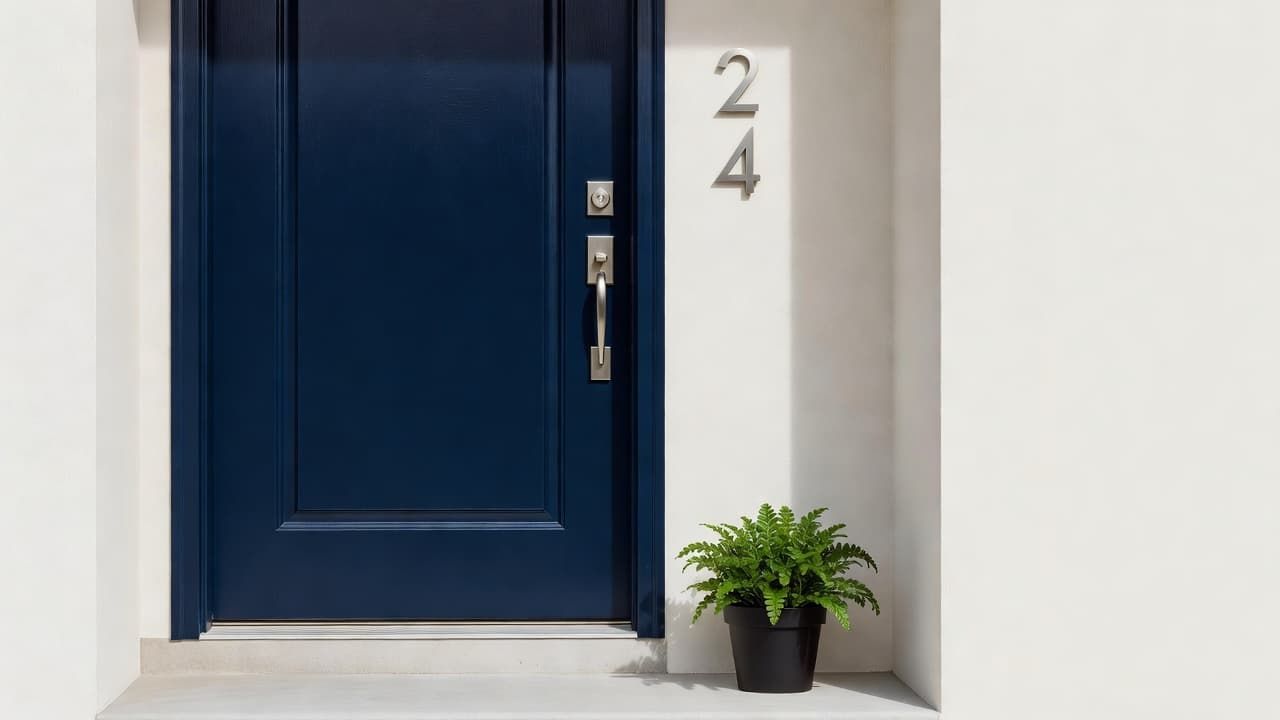 Blue front door with house number 24 beside a potted plant on a white exterior wall