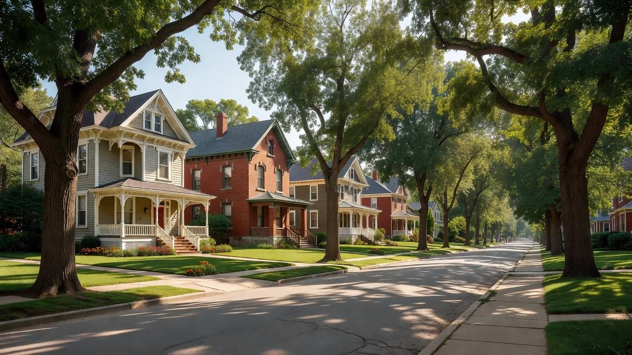 Tree-lined suburban street with Victorian-style houses and sidewalks in warm daylight