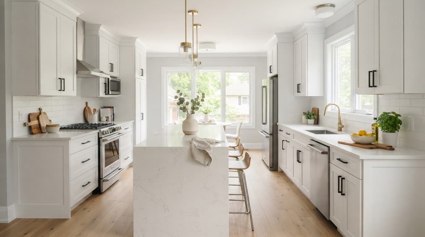 Bright white modern kitchen with island, wood floors, and large window at the end.