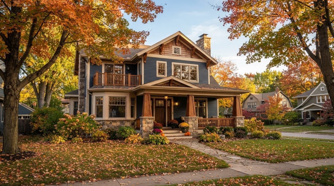 Autumn suburban house with porch, stone exterior, and orange trees lining the yard and street