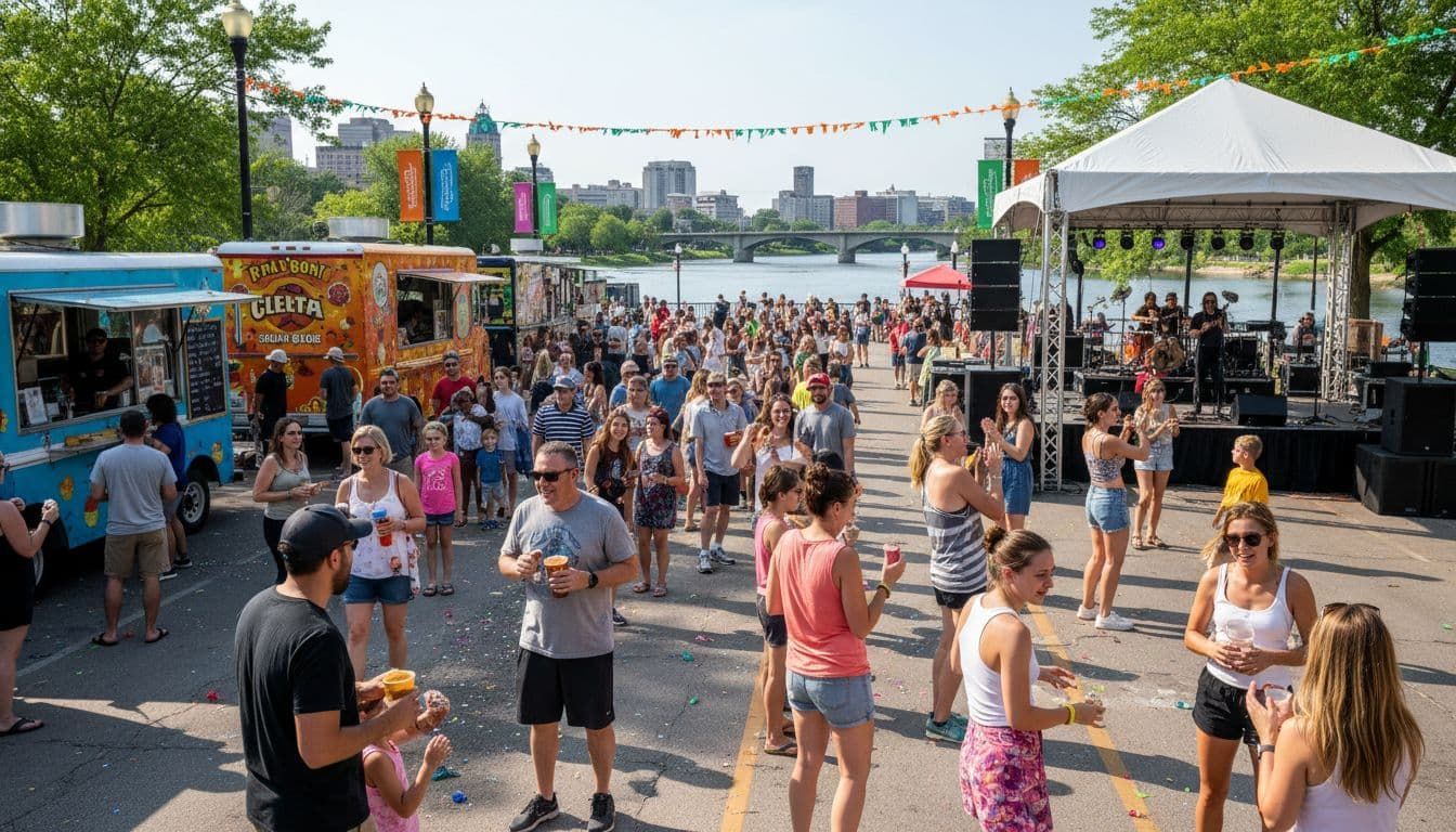 Crowded waterfront festival with food trucks, tents, and people walking near the water.
