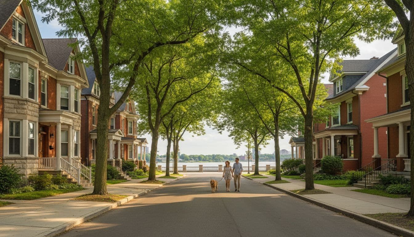 Tree-lined residential street leading to a waterfront, with houses on both sides and two people walking in the distance