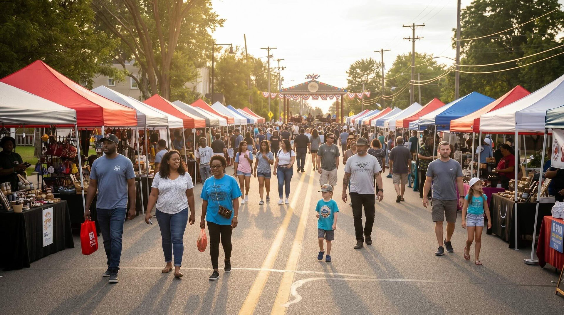 a street festival where people are walking down a road with vendor booths on both sides of them.