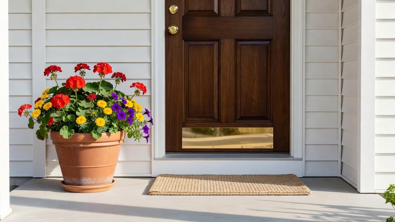 Front porch with a potted flowering plant beside a wooden front door and doormat.