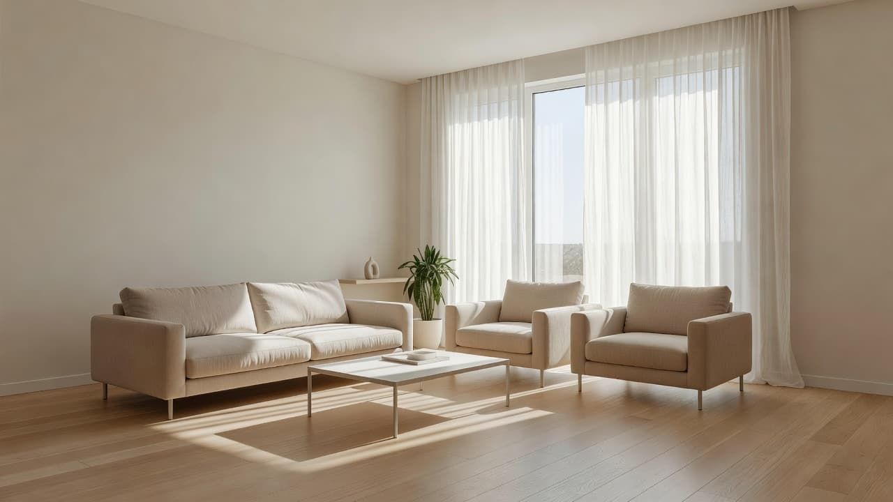Minimalist beige living room with sofa, armchairs, coffee table, rug, and large window with sheer curtains