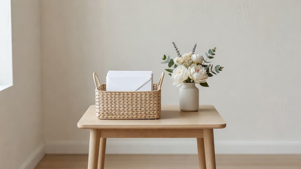 Woven basket with papers and vase of white flowers on a small wooden table against a beige wall
