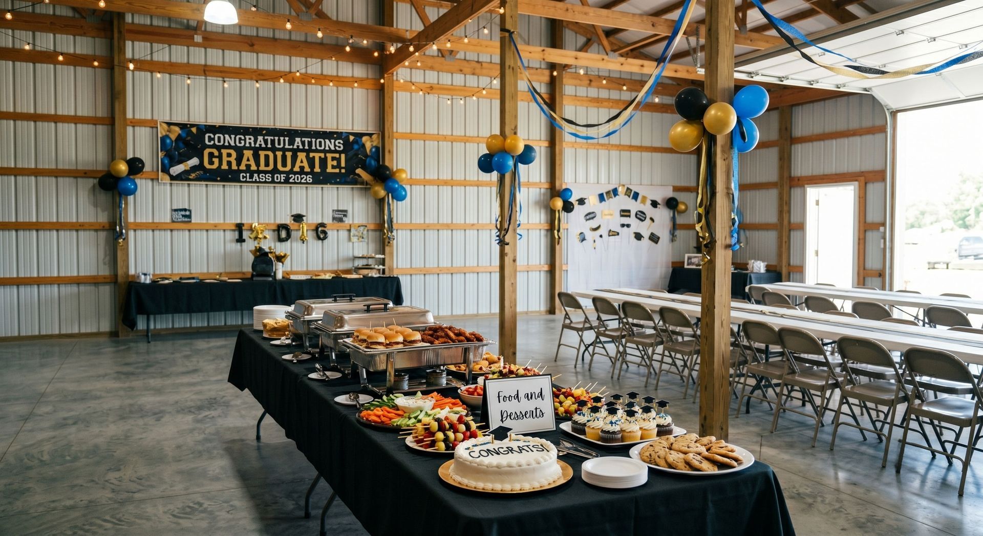 Graduation dessert table in a barn venue with blue and gold balloons and folding chairs