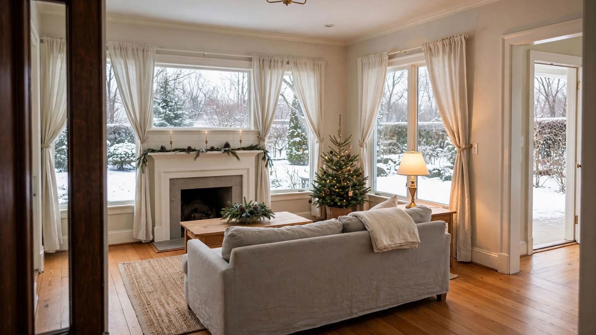 Cozy living room with a fireplace, beige sofa, lamp, and snowy windows