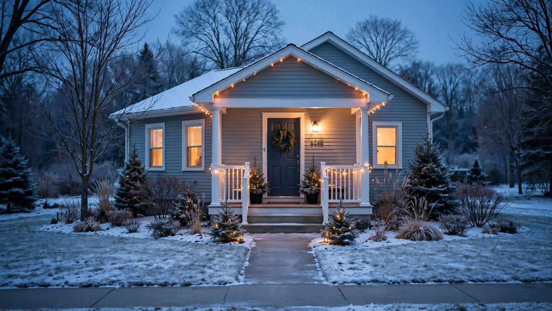 Snow-dusted house with warm porch lights glowing at dusk in a winter neighborhood
