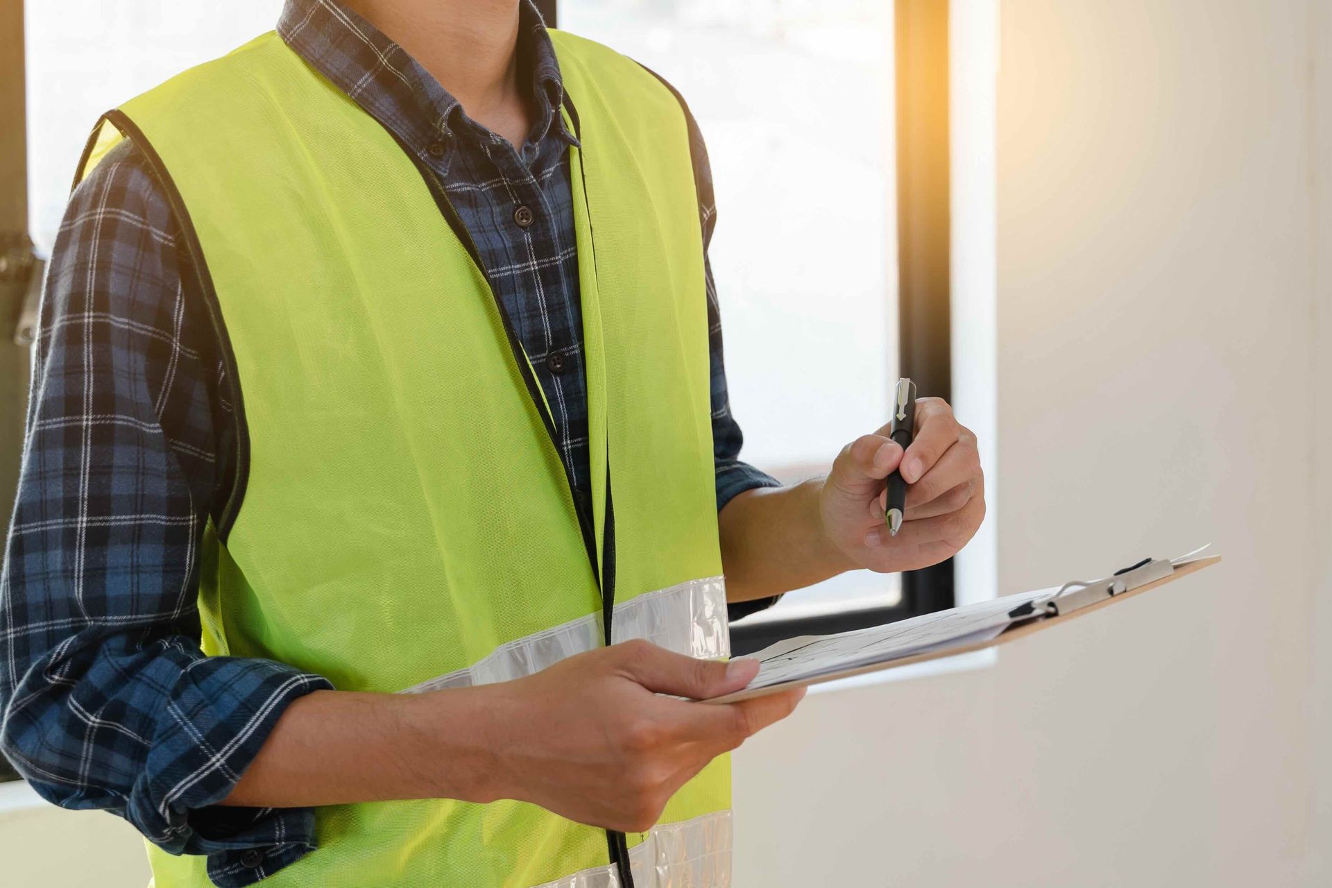 a man in a yellow vest is holding a clipboard and a pen.