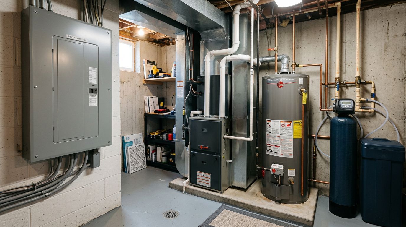 Basement utility room with water heater, furnace, electrical panel, and storage tanks.