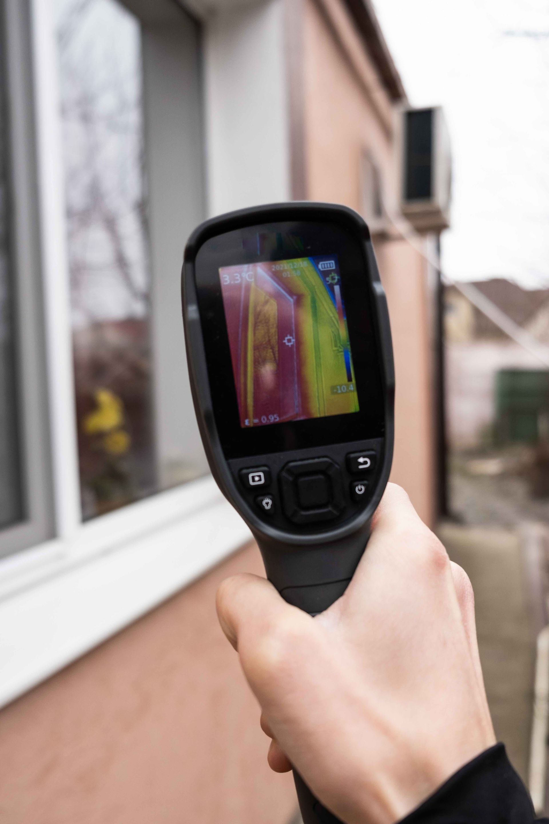 Hand holding thermal imaging camera, pointing it at a building exterior. Display shows heat map in varying colors.