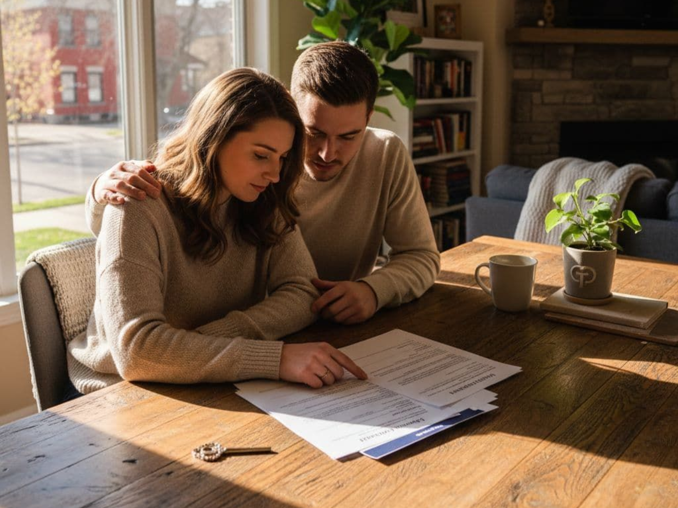 Two people review papers at a sunlit kitchen table with a laptop and coffee mugs