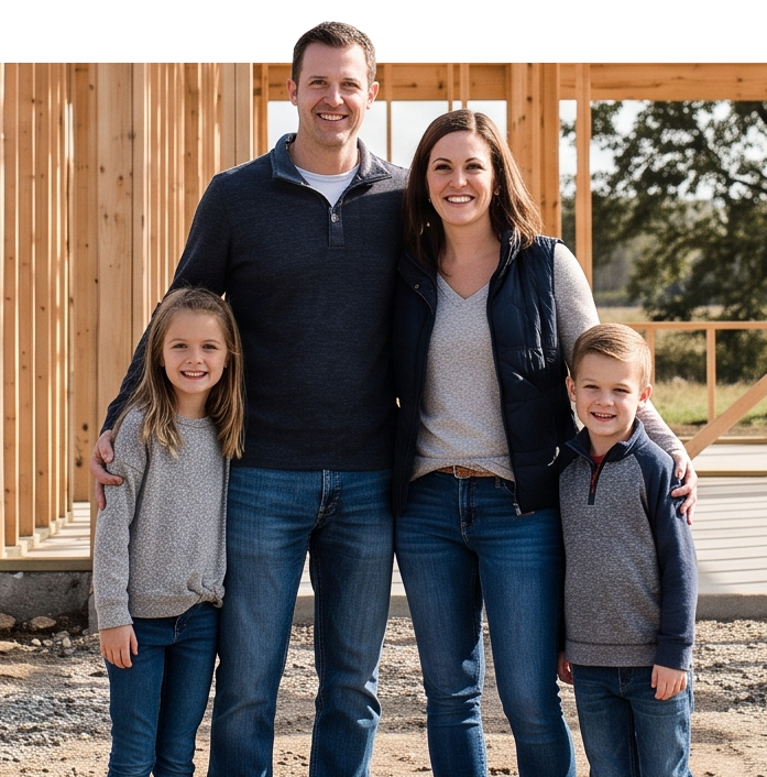 Family of four standing together outdoors in front of a wooden building, smiling at the camera