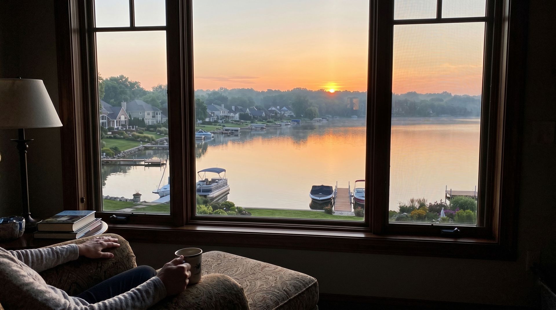 Sunrise over a river through a window, with boats below and a cozy chair in the foreground