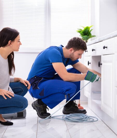 plumber and client looking at sink