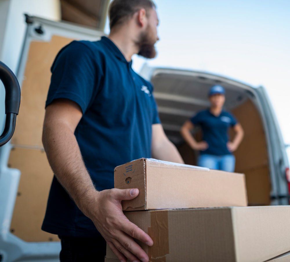 Delivery person carrying boxes near a van, another person in the background.