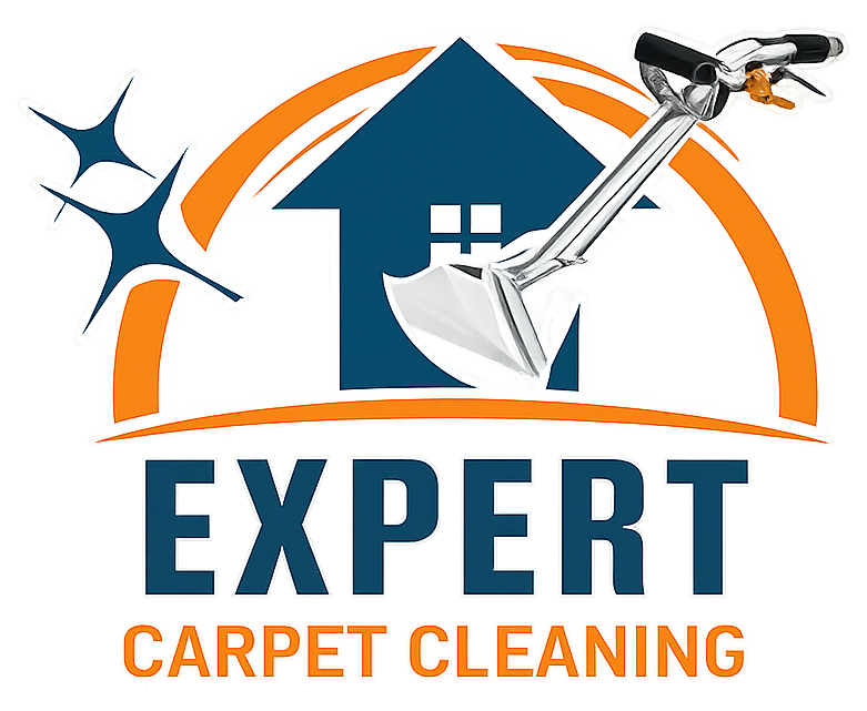 Expert Carpet Cleaning logo with blue house, orange arc, and carpet-cleaning tool