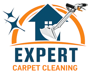 Expert Carpet Cleaning logo with blue house, orange arc, and carpet-cleaning tool