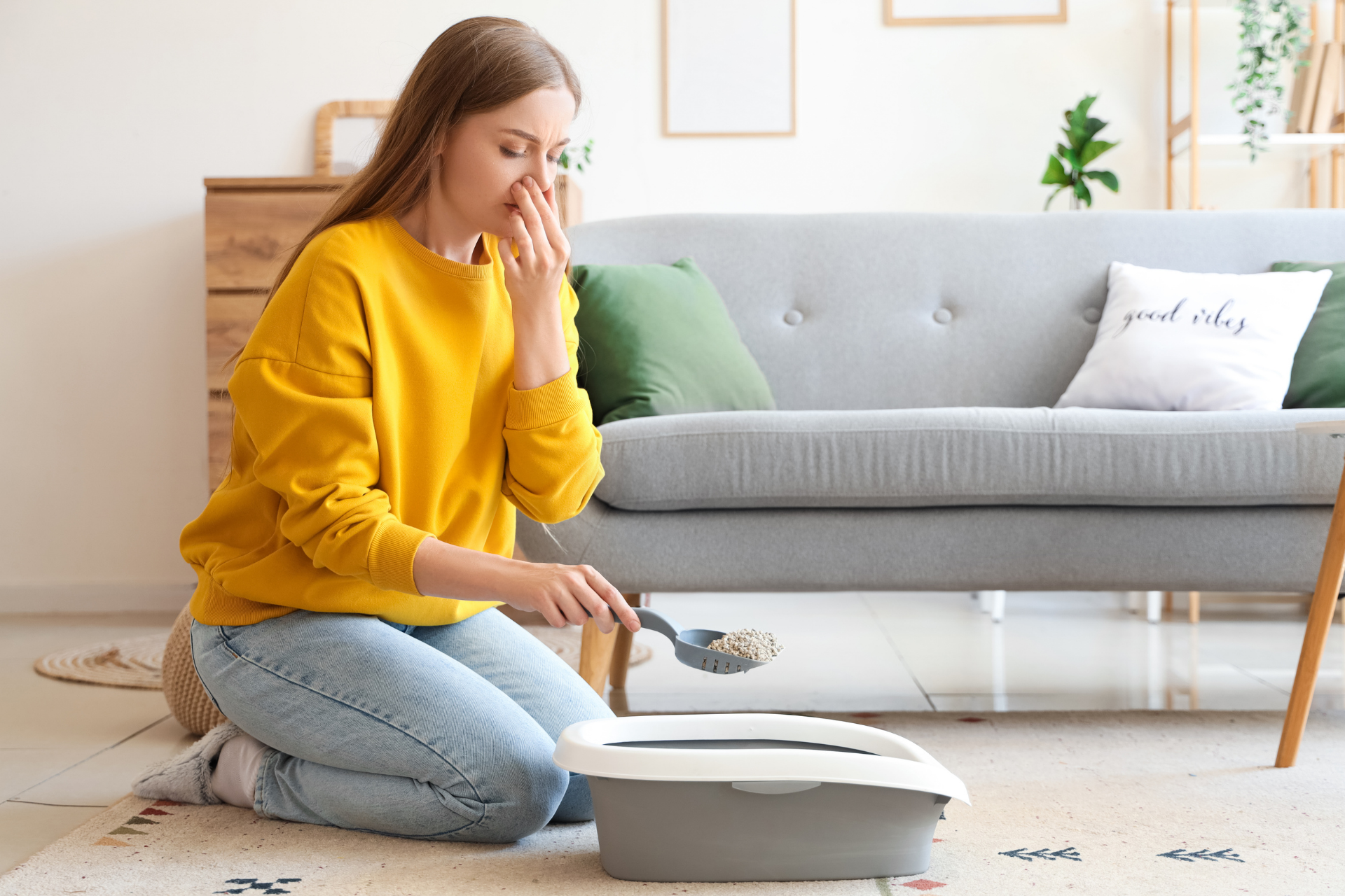 Woman kneeling by a carpet cleaner in a bright living room, cleaning a rug beside a gray sofa.