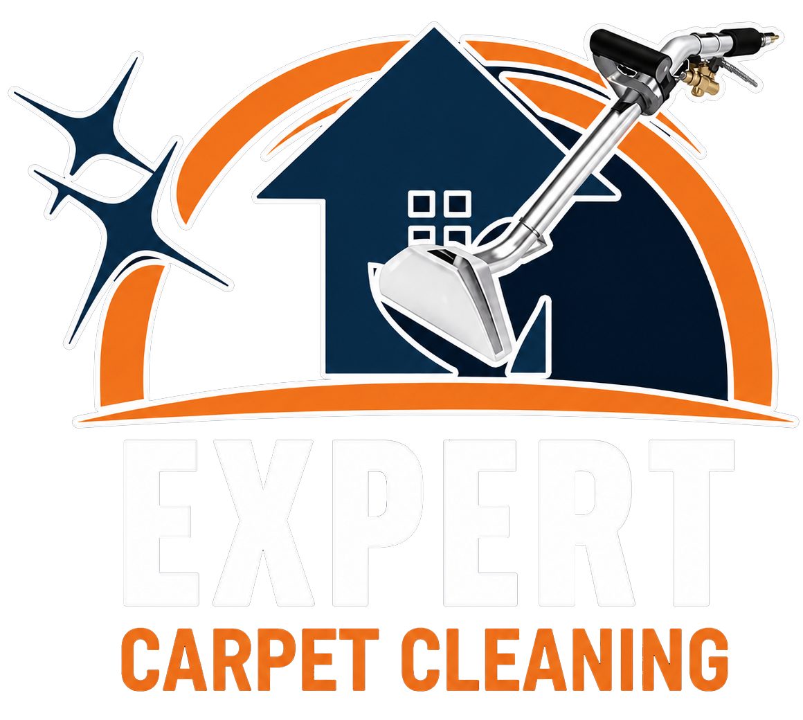 Logo for Expert Carpet Cleaning with navy house, orange arc, and vacuum cleaner icon