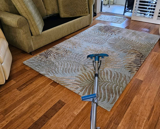 Vacuum cleaner on a wooden floor beside a rug and green sofa in a living room