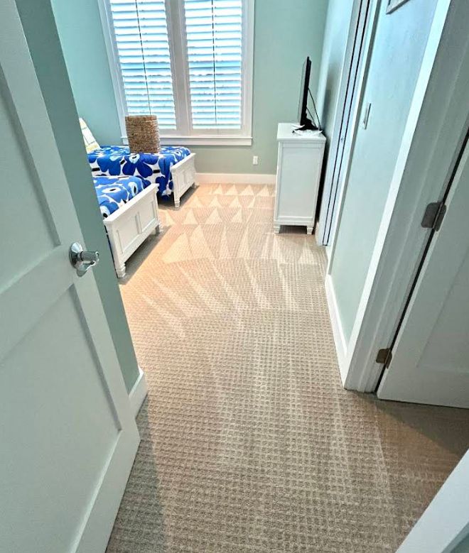 Narrow carpeted hallway with white doors, a window, and storage items along the left wall