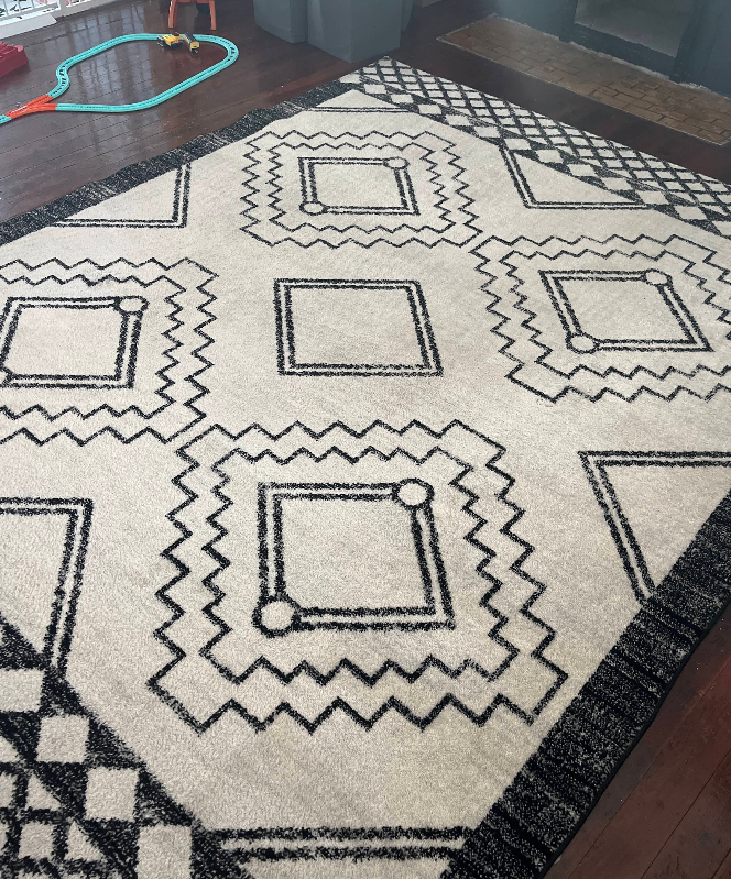 Black-and-cream geometric rug on a dark wood floor, with a turquoise toy hoop in the corner.