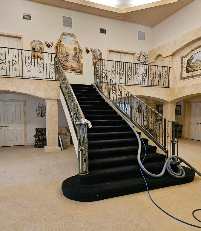 Grand staircase with black carpet runner in an ornate foyer, featuring gold railings and wall art.