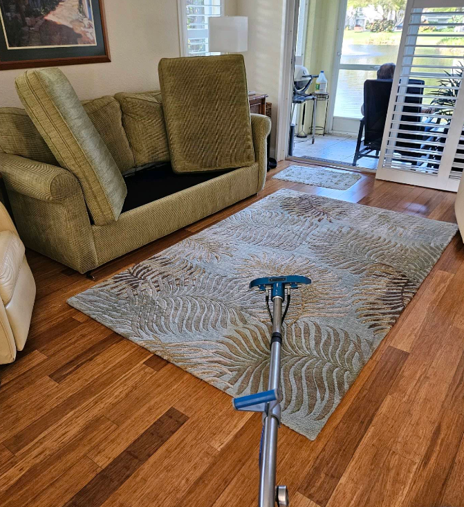 Living room with a beige sofa, rug, hardwood floor, and a mop in the foreground