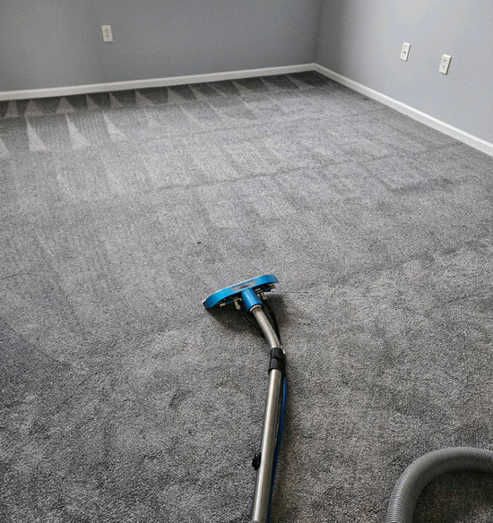 Gray carpet being cleaned with a blue vacuum head in an empty room with light gray walls.