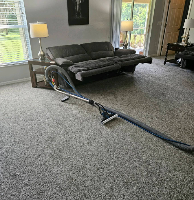 Carpeted living room with a black sofa and a blue vacuum hose stretched across the floor.