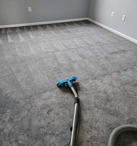 Gray carpet being cleaned with a blue vacuum head in an empty room with light gray walls.