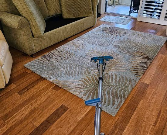 Vacuum cleaner on a wooden floor beside a rug and green sofa in a living room
