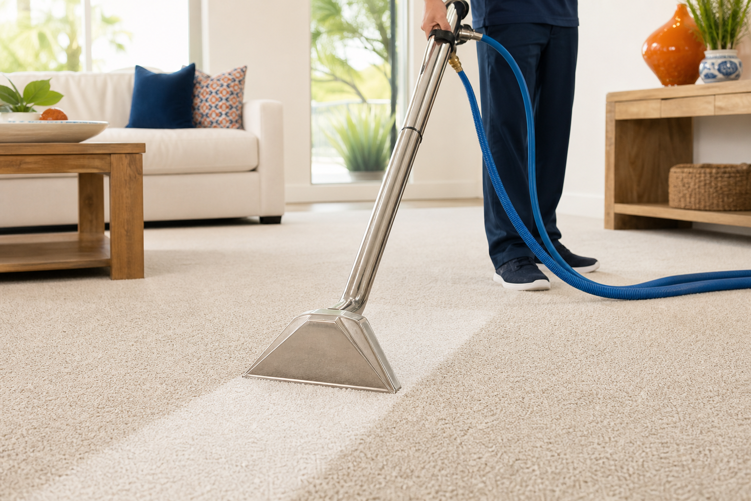 Professional carpet cleaning with a truck-mounted extraction wand in a bright Southwest Florida home