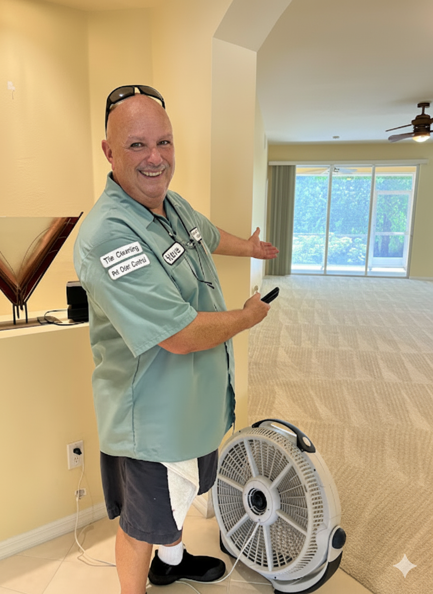 Steve Gray showing freshly cleaned carpet drying with an air mover in a Southwest Florida home after professional cleaning