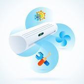 White air conditioner with cooling, fan, sun, and tools icons on a blue background