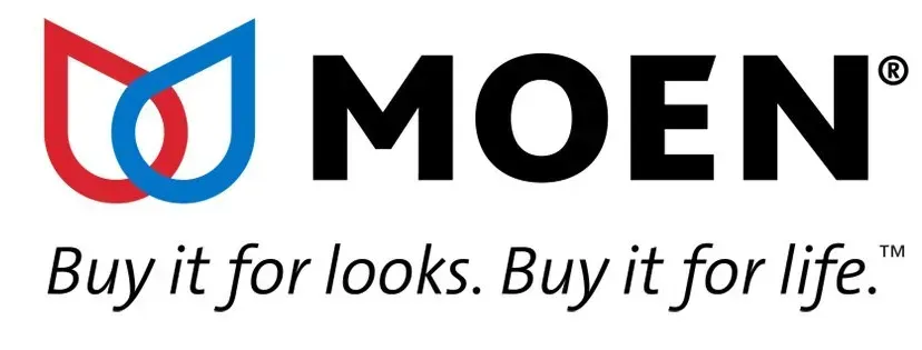 MOEN logo with blue and red water-drop icon and slogan, “Buy it for looks. Buy it for life.”