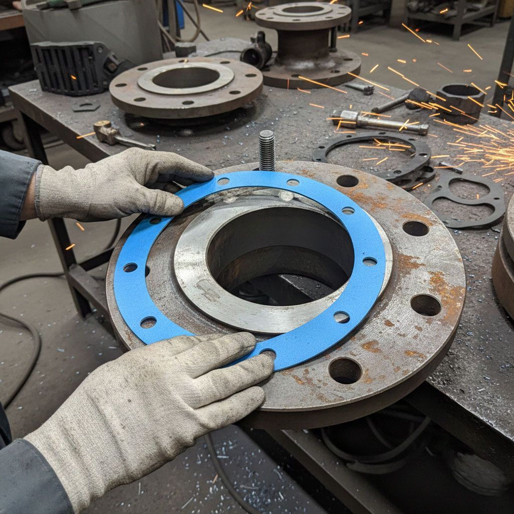 Hands with gloves placing blue gasket on metal flange; work shop setting.