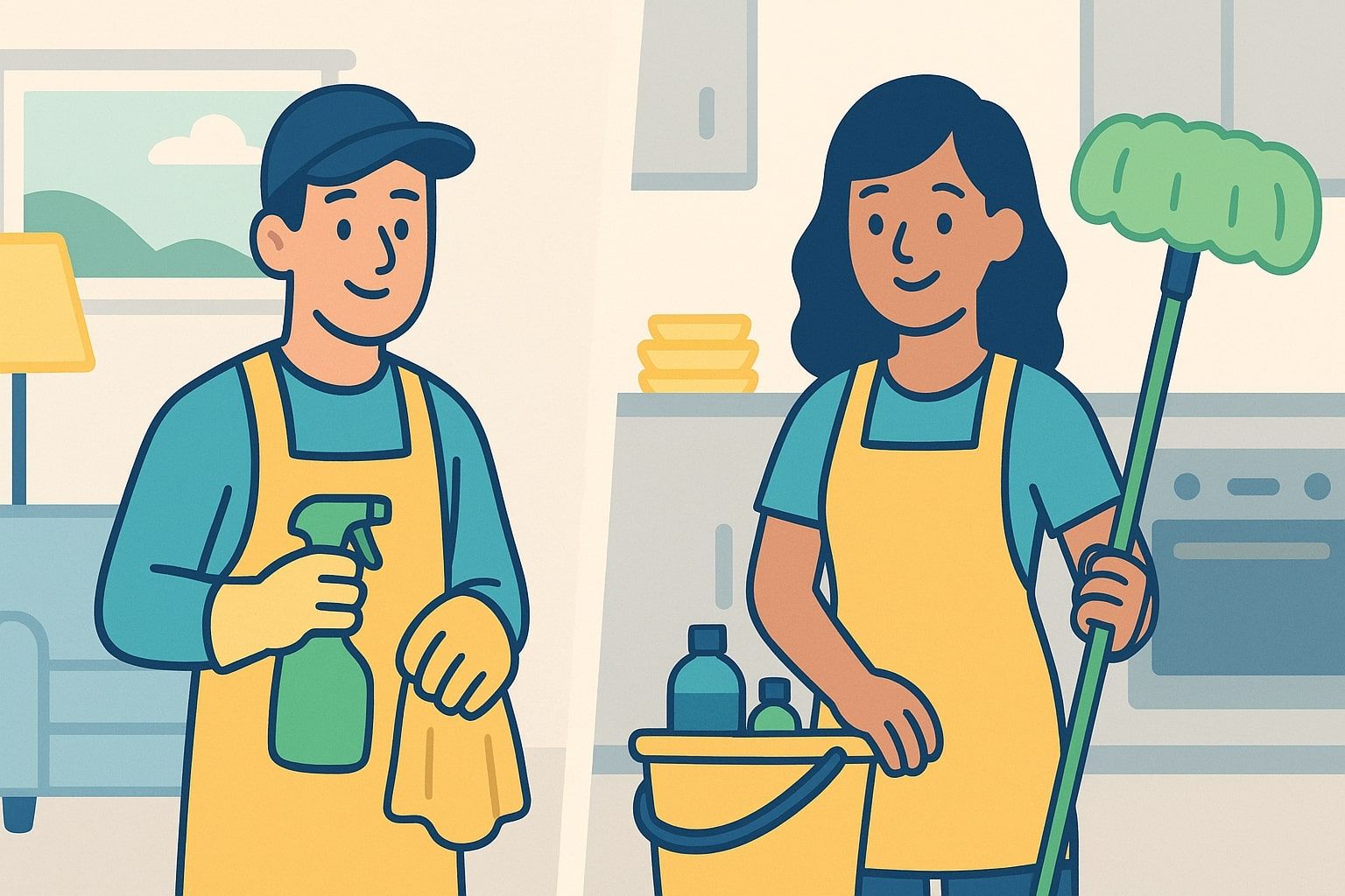 Two people cleaning; one sprays cleaner, the other mops. Both wear aprons and smile, inside a house.
