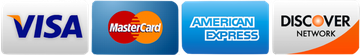 Logos of payment methods: Visa, Mastercard, American Express, and Discover.