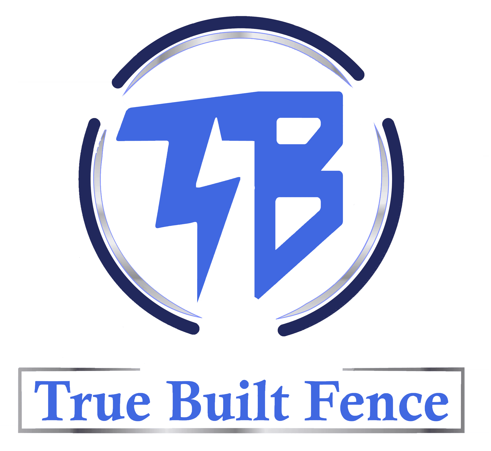 Logo for True Built Fence: Blue TB letters with lightning bolt in a circle, text "True Built Fence".