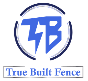 Logo for True Built Fence: Blue TB letters with lightning bolt in a circle, text "True Built Fence".