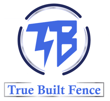 Logo for True Built Fence: Blue TB letters with lightning bolt in a circle, text "True Built Fence".