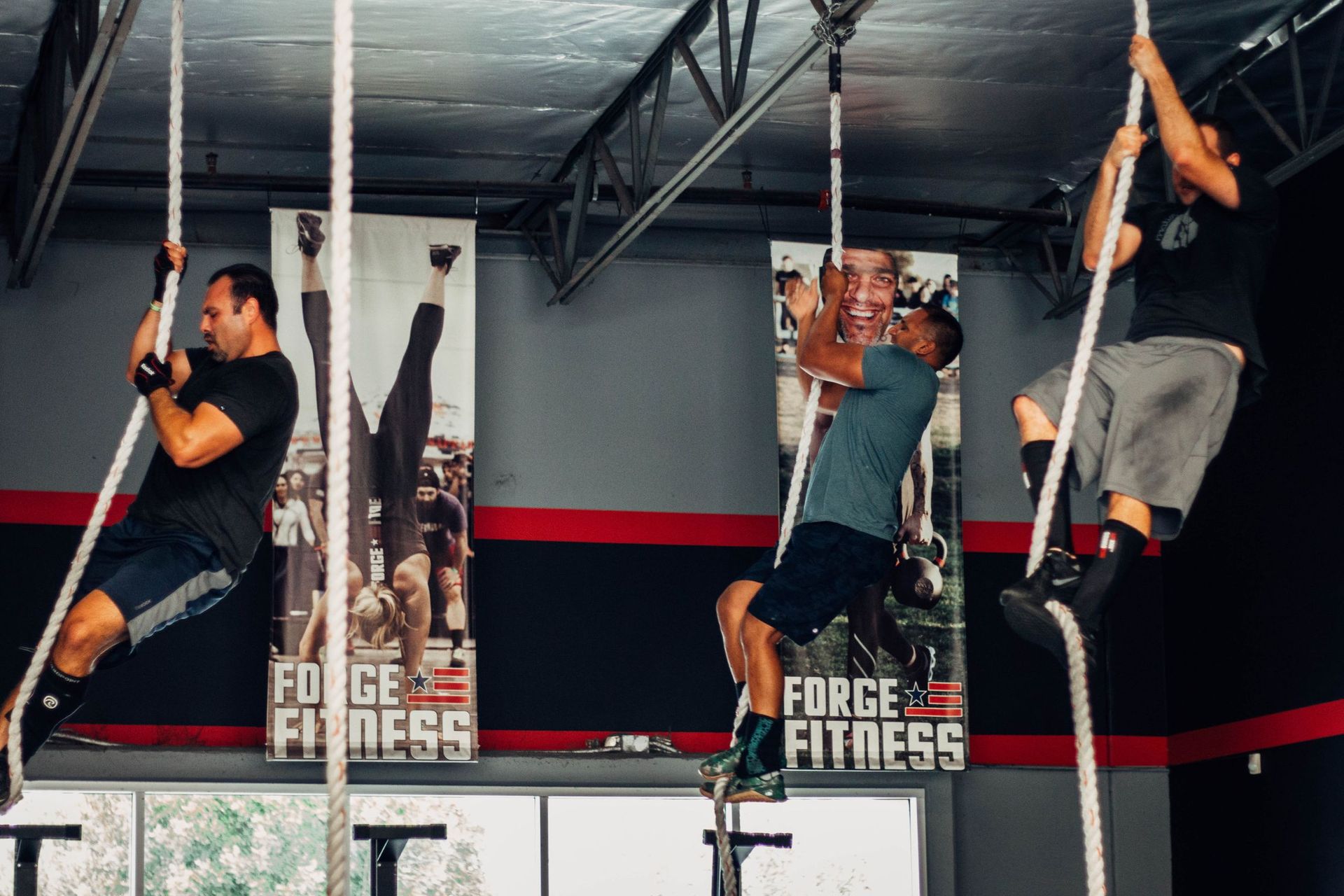 A group of people are climbing ropes in a gym.