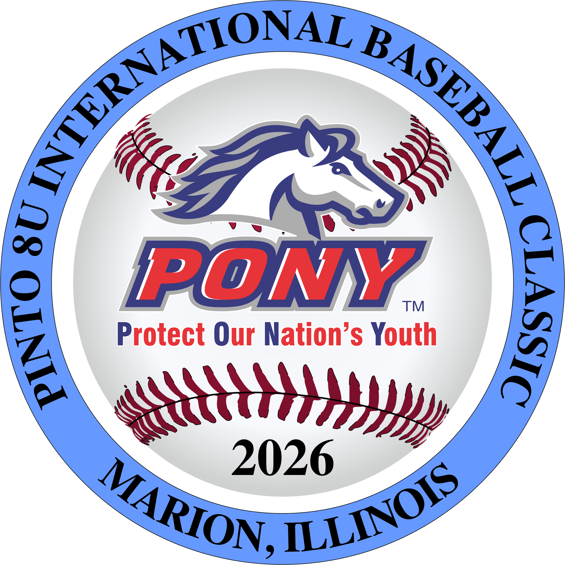 PONY baseball tournament logo with horse, bats, red stitching, and text “Marion, Illinois 2026”
