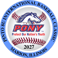 PONY baseball logo with horse head, “PONY,” and “2026 Marion, Illinois” in a circular blue-and-red emblem